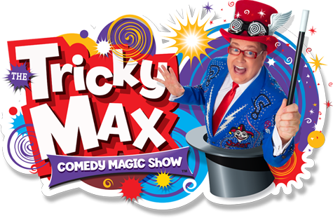 Tricky Max Comedy Magic Show logo with swirling colors and excited magician popping out of top hat