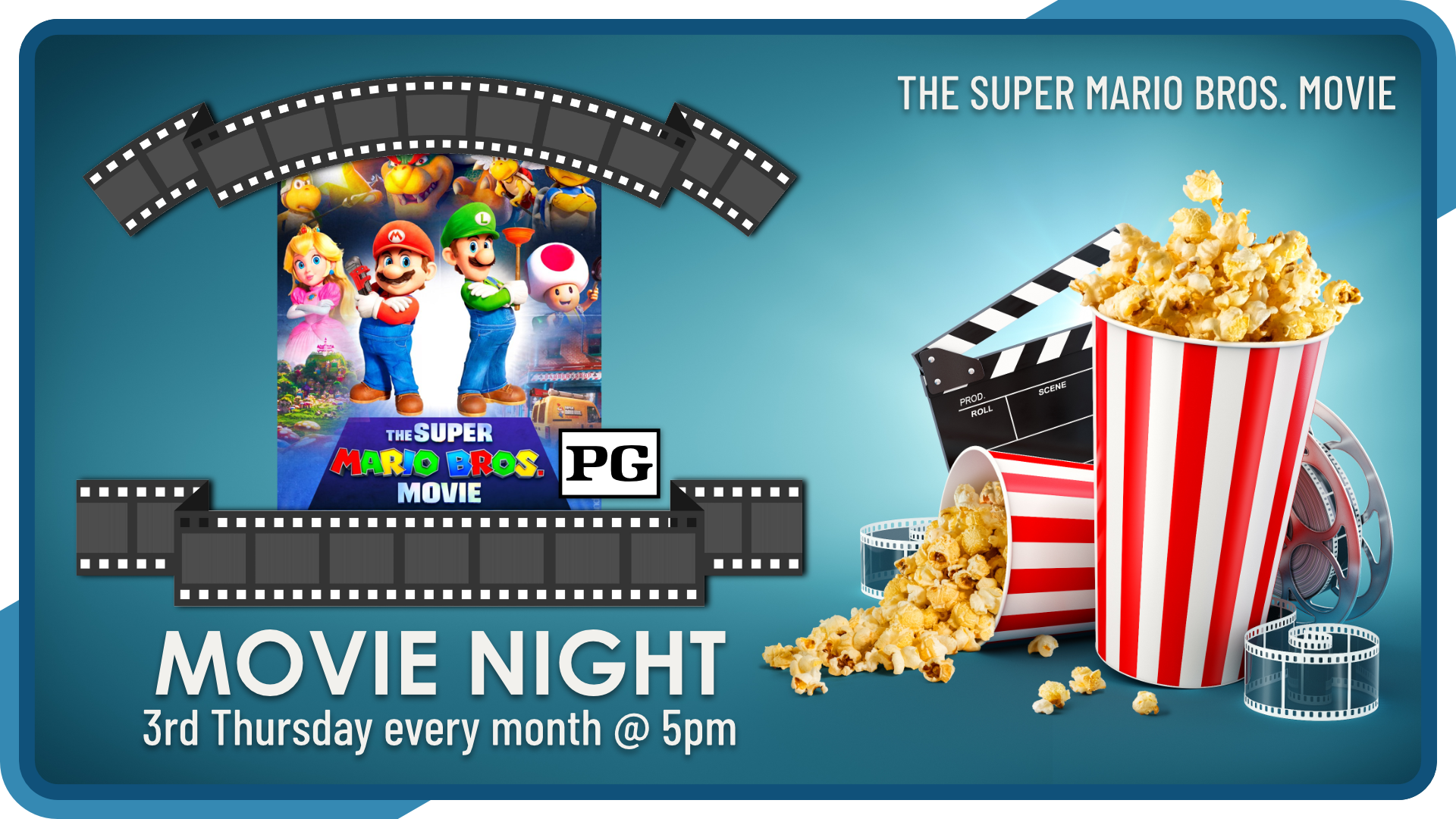Movie Night, third Thursday monthly at 5pm, intended age groups vary by film rating