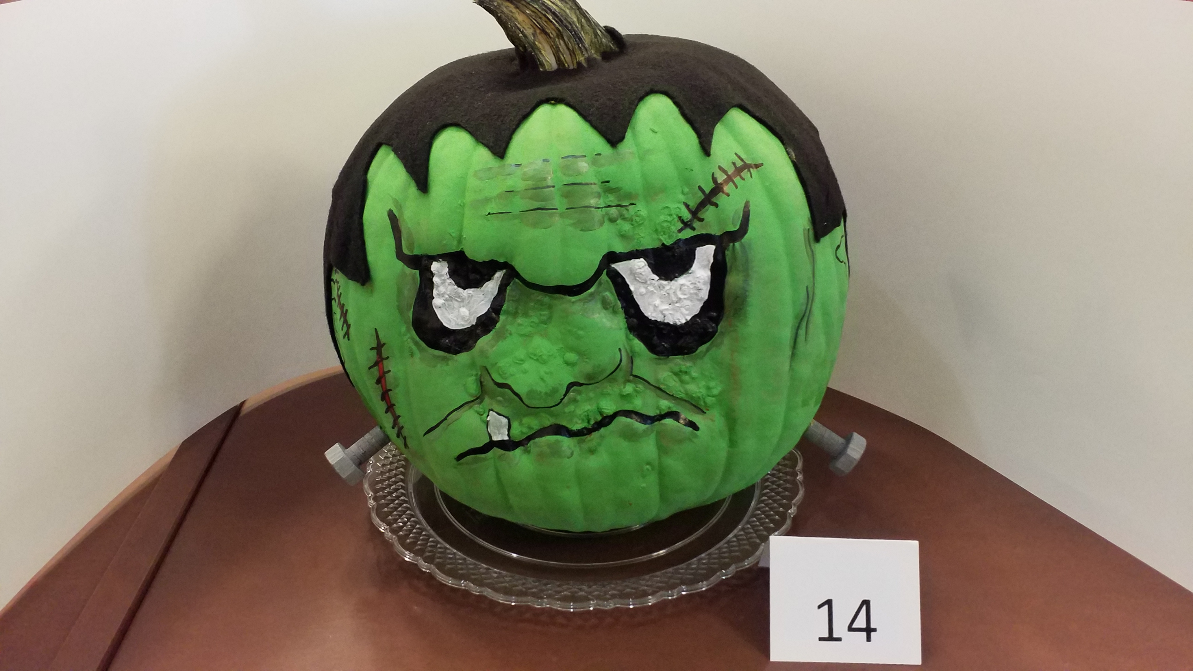 Pumpkin decorated as Frankenstein's monster