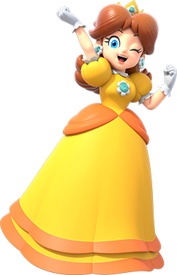 Princess Daisy from Nintendo's Mario franchise, winking and raising one hand in a playful victory pose