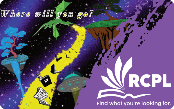 Library card with art of path through space and caption "Where will you go?"