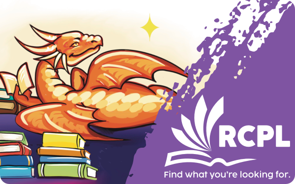 Library card with art of reading dragon on a pile of books