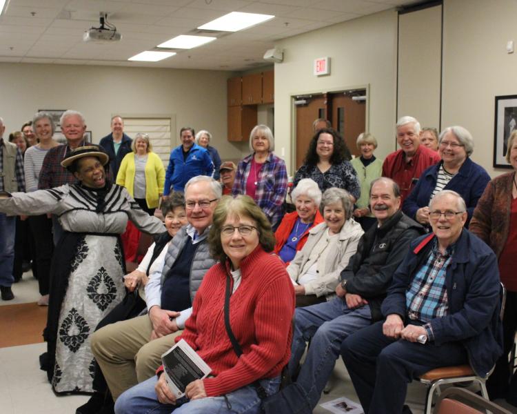 Kentucky Chautauqua performer Debra Faulk with audience members