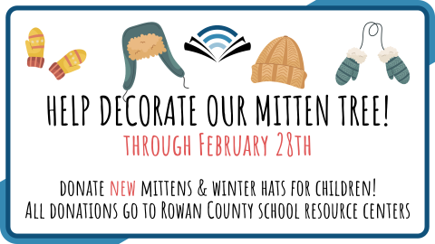 RCPL logo with a row of winter hats and mittens requesting donations of same for children