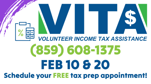 VITA free tax prep by appointment, February 10 and 20 from 9am to 4pm, call to schedule