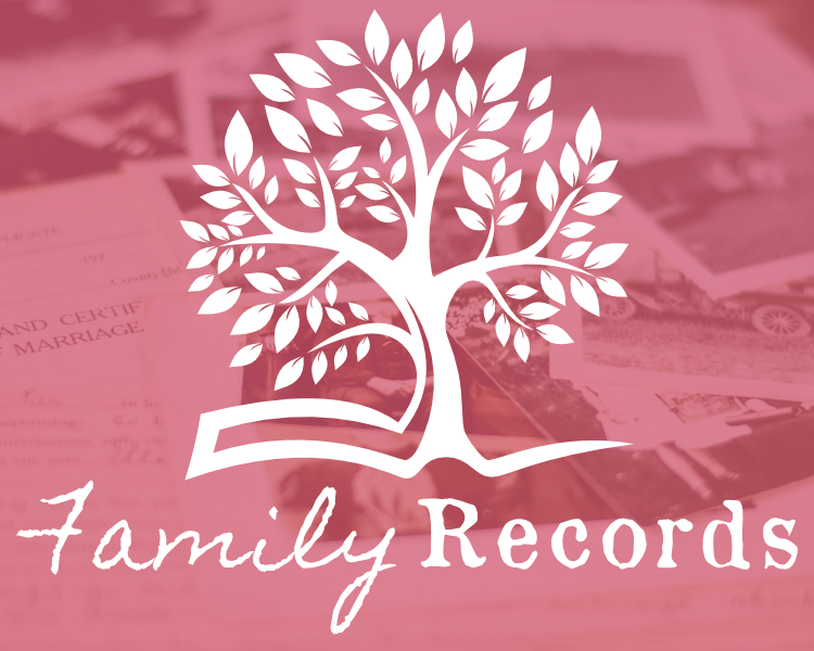Tree growing from open book with caption "Family Records"