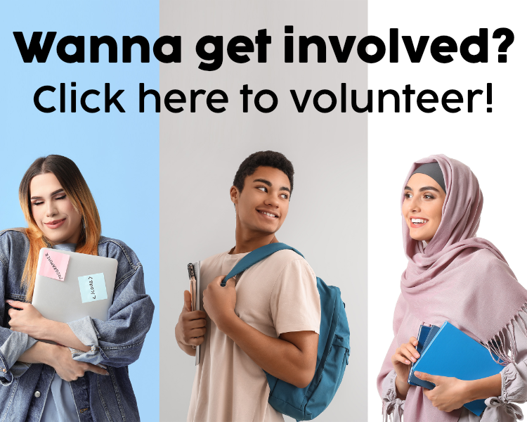 3 teenage students below text "Wanna get involved? Click here to volunteer!"